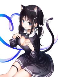 Rule 34 | 1girl, animal ears, black hair, blue eyes, blush, bow, breasts, cat ears, cat girl, cleavage, cleavage cutout, clothing cutout, commentary, dress, feet out of frame, from above, hair behind ear, hair bow, hair ornament, hairclip, hands on own chest, heart, heart cutout, heart of string, highres, long hair, long sleeves, looking at viewer, looking up, low twintails, medium breasts, original, pleated skirt, simple background, sitting, skirt, solo, symbol-only commentary, tail, tail bow, tail ornament, tail raised, thigh strap, twintails, white background, wing collar, yaya (yayaa 00)