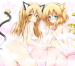 Rule 34 | 2girls, alice margatroid, alternate hairstyle, animal ears, ass, bad id, bad pixiv id, bare shoulders, bathing, bathtub, blonde hair, blue eyes, blush, breasts, cat ears, cat girl, cat tail, censored, convenient censoring, female focus, hair down, highres, holding, holding with tail, karamoneeze, kemonomimi mode, kirisame marisa, long hair, looking at viewer, looking back, medium breasts, multiple girls, mushroom, nude, prehensile tail, same-sex bathing, shared bathing, short hair, sitting, steam, tail, touhou