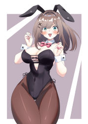 Rule 34 | 1girl, :3, :d, absurdres, amuriha, animal ears, areola slip, bare shoulders, blue eyes, bow, bowtie, breasts, brown hair, brown pantyhose, buckle, center opening, covered navel, cowboy shot, crotch seam, curvy, detached collar, eyes visible through hair, fake animal ears, grey background, hair ornament, highleg, highleg leotard, highres, large breasts, leotard, looking at viewer, medium hair, nail polish, nijisanji, open mouth, pantyhose, pink bow, pink nails, playboy bunny, rabbit ears, side-tie leotard, simple background, smile, solo, strapless, strapless leotard, suzuhara lulu, thighs, v-shaped eyebrows, virtual youtuber, white background, wing collar, wrist cuffs, x hair ornament