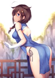 Rule 34 | ahoge, alternate costume, ass, blue eyes, braid, china dress, chinese clothes, cliff, day, dress, hair flaps, hair over shoulder, highres, kantai collection, nyum, outdoors, panties, pelvic curtain, remodel (kantai collection), shigure (kancolle), side-tie panties, single braid, standing, thighs, underwear