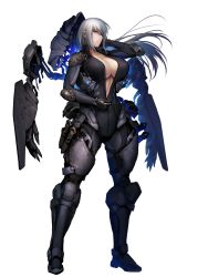 Rule 34 | 1girl, armor, black bodysuit, bodysuit, breasts, chain paradox, cleavage, closed mouth, elbow pads, full body, grey eyes, grey hair, hetza (hellshock), large breasts, long hair, looking at viewer, power armor, science fiction, shoulder pads, solo, standing, transparent background, zipper