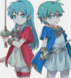 Rule 34 | 1boy, 1girl, aged down, aqua eyes, aqua hair, boots, bracelet, brother and sister, eirika (fire emblem), ephraim (fire emblem), fire emblem, fire emblem: the sacred stones, fire emblem heroes, hair between eyes, highres, holding, holding sword, holding weapon, jewelry, kometubu0712, looking at viewer, nintendo, official alternate costume, rapier, siblings, sidelocks, sword, thigh boots, thighhighs, twins, weapon, white background