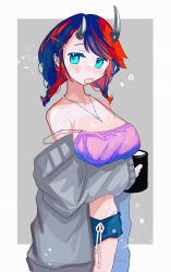 Rule 34 | 1girl, nanashi inc., absurdres, alternate costume, alternate hairstyle, black hair, blue eyes, blue shorts, blush, breasts, camisole, cleavage, coat, commentary request, cowboy shot, cup, demon girl, demon horns, ear chain, ear piercing, grey coat, hair ornament, hairclip, highres, holding, holding cup, horns, jewelry, large breasts, looking at viewer, medium hair, multicolored hair, necklace, open mouth, piercing, pink camisole, pointy ears, red hair, ryugasaki rene, shiny skin, shio midori, shorts, solo, strap slip, sugar lyric, two-tone hair, virtual youtuber