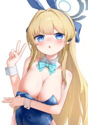 Rule 34 | 1girl, absurdres, animal ear hairband, animal ears, areola slip, bare arms, bare shoulders, blonde hair, blue archive, blue bow, blue bowtie, blue eyes, blue hair, blue halo, blue leotard, blush, bow, bowtie, breasts, chinese commentary, commentary request, covered navel, detached collar, earpiece, fake animal ears, go-sai tamanegi, grey halo, halo, highleg, highleg leotard, highres, large breasts, leotard, long hair, looking at viewer, multicolored hair, multicolored halo, official alternate costume, open mouth, partial commentary, playboy bunny, rabbit ear hairband, rabbit ears, sidelocks, simple background, solo, strapless, strapless leotard, streaked hair, toki (blue archive), toki (bunny) (blue archive), two-tone hair, two-tone halo, undersized breast cup, undersized clothes, upper body, v, white background, wrist cuffs