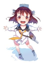 Rule 34 | 10s, 1girl, brown hair, dress, full body, headgear, kantai collection, looking at viewer, open mouth, outstretched arms, sailor collar, sailor dress, school uniform, serafuku, sheep sleep, short hair, solo, spread arms, yukikaze (kancolle)