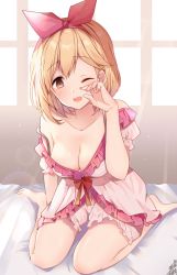 Rule 34 | 1girl, bad id, bad pixiv id, bare shoulders, barefoot, bed sheet, bloomers, blush, bow, breasts, brown eyes, cleavage, collarbone, djeeta (granblue fantasy), frills, granblue fantasy, hair between eyes, hair ribbon, hand up, light brown hair, medium breasts, omuretsu, one eye closed, open mouth, pink bloomers, pink ribbon, red bow, ribbon, rubbing eyes, signature, sitting, solo, strap slip, underwear, waking up, wariza, window