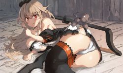 Rule 34 | 1girl, ass, bare shoulders, blush, breasts, cross, cross necklace, dress, ganesagi, girls&#039; frontline, gun, half-closed eyes, highres, huge ass, ithaca m37, jewelry, large breasts, looking at viewer, necklace, o o, off shoulder, pleated skirt, plump, pump action, red eyes, shotgun, skirt, solo, strapless, strapless dress, stuffed animal, stuffed toy, tearing up, tears, teddy bear, thick thighs, thighhighs, thighs, torn clothes, torn skirt, weapon, wide hips