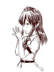 Rule 34 | 1girl, alternate hair length, alternate hairstyle, dated, hat, kawashina (momen silicon), long hair, looking up, monochrome, own hands together, pointy ears, profile, shameimaru aya, simple background, smile, solo, tokin hat, touhou, white background