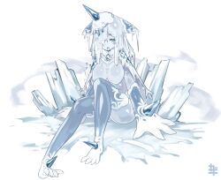 Rule 34 | 1girl, arm support, blue eyes, breasts, colored skin, commentary request, full body, grey hair, grey skin, hair over one eye, highres, ice, kazana (sakuto), knee up, large breasts, looking at viewer, monster girl, nude, open mouth, original, simple background, sitting, slime girl, snow, solo, spikes, white background
