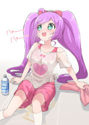 Rule 34 | 1girl, absurdres, bottle, green eyes, highres, manaka lala, nipples visible through clothing, open mouth, peeing, peeing self, pretty (series), pripara, purple hair, solo, sweat, tata (tataice), twintails, water bottle, wet, wet clothes