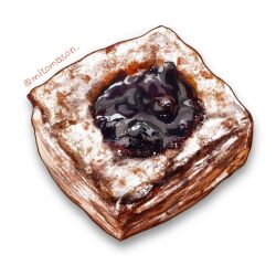Rule 34 | artist name, blueberry, danish pastry, food, food focus, fruit, highres, jam, mitomaton, no humans, original, pastry, realistic, simple background, still life, twitter username, white background