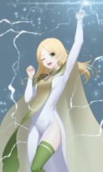Rule 34 | 1girl, blonde hair, breasts, cape, covered navel, dhokidoki, dress, fire emblem, fire emblem awakening, green eyes, hair down, highres, lissa (fire emblem), long hair, nintendo, one eye closed, small breasts, smile, solo, thighhighs, thighs, white dress