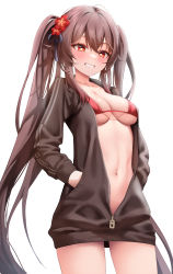Rule 34 | 1girl, absurdres, bikini, black jacket, blush, breasts, brown hair, center opening, collarbone, genshin impact, grin, highres, hu tao (genshin impact), jacket, long hair, long sleeves, looking at viewer, navel, rable, red bikini, red eyes, small breasts, smile, solo, swimsuit, symbol-shaped pupils, twintails, very long hair