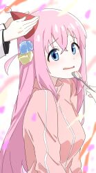 Rule 34 | 3girls, blue eyes, blush, bocchi the rock!, cake, confetti, cube hair ornament, feeding, food, gotoh hitori, hair ornament, hat, highres, holding, holding spoon, long hair, multiple girls, omochimochii (nagata), one side up, open mouth, party hat, pink hair, solo focus, spoon, very long hair