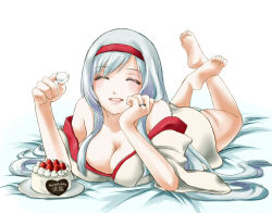 Rule 34 | 10s, 1girl, bare shoulders, barefoot, blue panties, breast press, breasts, cake, cleavage, collarbone, cream, closed eyes, facing viewer, feet, female focus, food, fruit, full body, hairband, happy, happy birthday, japanese clothes, jewelry, kantai collection, large breasts, legs up, long hair, lying, miko, no pants, off shoulder, on bed, on stomach, open mouth, panties, ring, sakutsuki, shoukaku (kancolle), silver hair, smile, solo, strawberry, the pose, underwear, white background