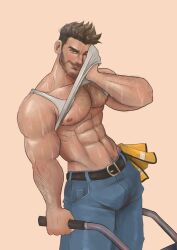 Rule 34 | 1boy, abs, arasgnes, bara, bare pectorals, beard stubble, brown hair, construction worker, coral island, cowboy shot, denim, derek (coral island), facial hair, green eyes, hairy, hard hat, head tilt, helmet, highres, jeans, large pectorals, lifting own clothes, looking at viewer, male focus, mature male, muscular, muscular male, navel, navel hair, nipples, one eye closed, pants, pectorals, seductive smile, short hair, smile, solo, sparse chest hair, stomach, stubble, sweat, thick eyebrows, tsurime, very sweaty, wiping sweat
