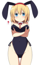 Rule 34 | &gt;:(, 1girl, alice margatroid, alternate costume, animal ears, bad id, bad pixiv id, bare arms, bare shoulders, blonde hair, blue eyes, blush, bow, bowtie, breast hold, breasts, cleavage, collar, covered navel, cowboy shot, crossed arms, detached collar, embarrassed, enushi (toho193), fake animal ears, from below, frown, groin, hair between eyes, hairband, heart, highres, large breasts, leotard, looking at viewer, playboy bunny, rabbit ears, red bow, red bowtie, red hairband, short hair, simple background, solo, thigh gap, thighs, touhou, v-shaped eyebrows, white background, white collar
