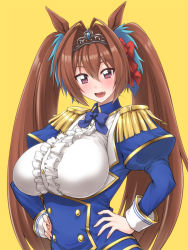 Rule 34 | 1girl, animal ears, blue dress, blush, breasts, brown hair, daiwa scarlet (umamusume), dress, epaulettes, fang, hair intakes, hands on own hips, horse ears, horse girl, large breasts, long hair, long sleeves, looking at viewer, mikagami sou, open mouth, red eyes, smile, solo, tiara, twintails, umamusume, yellow background