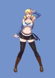 Rule 34 | 1girl, blonde hair, breasts, brown hair, cirenk, cleavage, fairy tail, female focus, full body, highres, large breasts, looking at viewer, lucy heartfilia, medium hair, navel, one eye closed, solo, standing, thighhighs, whip, wink