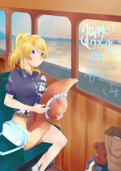Rule 34 | 1girl, absurdres, artist request, ayase eli, bag, belt, blonde hair, blue eyes, blue nails, blue shirt, blush, bow, buttons, collared shirt, female focus, flower print, hat, highres, holding, holding clothes, holding hat, long hair, looking at viewer, love live!, love live! school idol project, nail polish, nails, natsuda wu, on chair, ponytail, scrunchie, shirt, short hair, shorts, sitting, smile, solo, train, white scrunchie, window, yellow shorts