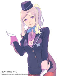 Rule 34 | 1girl, blonde hair, blue neckerchief, closed mouth, collared shirt, copyright request, enkyo yuuichirou, garrison cap, gloves, hat, hostess, jacket, leaning forward, long sleeves, looking at viewer, neckerchief, official art, pantyhose, pencil skirt, pink eyes, pink shirt, ponytail, purple jacket, purple skirt, red pantyhose, shirt, simple background, skirt, smile, solo, standing, white background, white gloves, wing collar