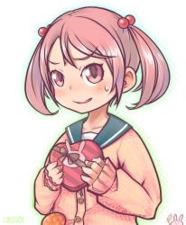 Rule 34 | 1girl, bandaid, bandaid on hand, rabbit, candy, cardigan, chocolate, chocolate heart, collarbone, commentary request, flag, food, hair bobbles, hair ornament, heart, highres, holding, kantai collection, long hair, looking at viewer, parted lips, pink eyes, pink hair, pori (poritan81), sazanami (kancolle), school uniform, serafuku, smile, sweat, twintails, valentine
