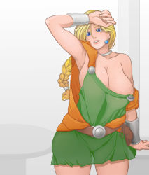 Rule 34 | 1girl, aratama (a-tama), belt, bianca (dq5), blonde hair, blue eyes, braid, breasts, cape, cleavage, cowboy shot, curvy, dragon quest, dragon quest v, dress, earrings, green dress, huge breasts, jewelry, lips, long hair, looking at viewer, no bra, open mouth, see-through, short hair, simple background, single braid, solo, square enix, standing