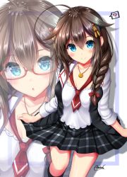 Rule 34 | 1girl, :o, ahoge, black skirt, black socks, braid, breasts, closed mouth, collarbone, drop shadow, glasses, hair between eyes, hair flaps, hair ornament, hair over shoulder, heart, highres, jacket, jewelry, kantai collection, kneehighs, miniskirt, mokufuu, necklace, necktie, open clothes, open jacket, parted lips, pleated skirt, red-framed eyewear, semi-rimless eyewear, shigure (kancolle), shigure kai ni (kancolle), shirt, short necktie, sidelocks, signature, single braid, skirt, skirt hold, small breasts, smile, socks, solo, spoken heart, under-rim eyewear, white shirt, wing collar