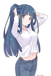 Rule 34 | 1girl, adjusting hair, arms up, blue hair, blue pants, breasts, brown eyes, commentary request, damokan66, dated, denim, idolmaster, idolmaster million live!, idolmaster million live! theater days, jeans, kitakami reika, light blush, long hair, long sleeves, looking at viewer, medium breasts, navel, pants, ponytail, shirt, sidelocks, smile, solo, stomach, white background, white shirt