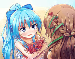 Rule 34 | 2girls, 3678177, :o, age difference, bare shoulders, beach, bikini, blue eyes, blue hair, blush, bow, braid, brown hair, child, clothing cutout, coral, crossed arms, eye contact, flat chest, flower knight girl, french braid, gradient background, hair bow, hair ornament, hair ribbon, heart, heart cutout, heart hair ornament, high ponytail, holding, long hair, looking at another, multiple girls, nazuna (flower knight girl), nerine (flower knight girl), ocean, outdoors, ponytail, raised eyebrows, ribbon, shepherd&#039;s purse (flower knight girl), solo focus, swimsuit, tankini, tears, upper body, water, wavy mouth, wide-eyed