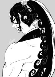 Rule 34 | 1boy, absurdres, alternate hairstyle, ashiya douman (fate), asymmetrical hair, curly hair, earrings, fate/grand order, fate (series), fingernails, from behind, greyscale, hair between eyes, haruhina, high ponytail, highres, jewelry, long hair, looking back, magatama, magatama earrings, male focus, monochrome, multicolored hair, sharp fingernails, solo, split-color hair, toned, toned male, two-tone hair, upper body, very long hair