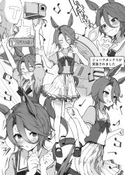 Rule 34 | 1boy, 1girl, ^^^, absurdres, animal ears, arms up, beamed eighth notes, blush, camcorder, check translation, closed eyes, commentary request, dancing, eighth note, greyscale, highres, horse ears, horse girl, horse tail, jukebox, monochrome, motion lines, multiple views, musical note, narita taishin (umamusume), nose blush, open mouth, parted bangs, pleated skirt, puffy short sleeves, puffy sleeves, recording, sailor collar, school uniform, shoes, short hair, short sleeves, skirt, smile, sweat, t-head trainer, tail, thumbs up, touya kotonari, tracen school uniform, trainer (umamusume), translated, translation request, umamusume, video camera