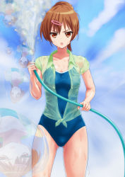 Rule 34 | &gt;:o, 10s, 1girl, :o, angry, brown hair, bubble, chuunibyou demo koi ga shitai!, cloud, collarbone, competition school swimsuit, day, hair ornament, hairclip, highres, holding, hose, looking at viewer, nibutani shinka, one-piece swimsuit, rasukaru, red eyes, reflection, school swimsuit, shirt, sky, sleeves rolled up, solo, spraying, swimsuit, swimsuit under clothes, v-shaped eyebrows, water, wet, wet clothes, wet shirt