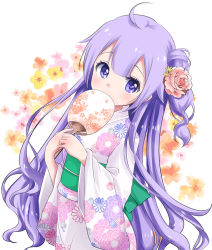 Rule 34 | 1girl, ahoge, azur lane, commentary request, covered mouth, floral background, floral print, flower, hair between eyes, hair bun, hair flower, hair ornament, hand fan, holding, japanese clothes, kimono, long hair, long sleeves, obi, one side up, paper fan, pink flower, pink rose, print kimono, purple eyes, purple hair, rose, sash, side bun, single hair bun, single side bun, solo, sukireto, uchiwa, unicorn (azur lane), very long hair, white background, white kimono, wide sleeves, yellow flower, yukata