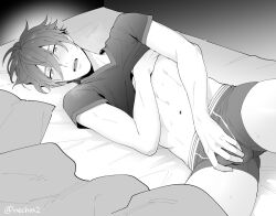 Rule 34 | 1boy, akuno hideo, bed, bed sheet, bedroom, blush, boxer briefs, boxers, bulge, clothes lift, crotch grab, groping, grabbing own breast, heavy breathing, idolmaster, idolmaster side-m, in bed, long bangs, male focus, male underwear, navel, partially undressed, rubbing, rubbing crotch, sharp teeth, shirt, shirt lift, short hair, sokka (kbs), solo, solo focus, tagme, teeth, underwear