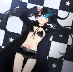 Rule 34 | 10s, 1girl, belt, bikini, bikini top only, black bikini, black hair, black rock shooter, black rock shooter (character), blue eyes, breasts, checkered floor, coat, female focus, ft, glowing, glowing eye, hatsune miku, long hair, lying, midriff, mignon, navel, on back, parted lips, shorts, small breasts, solo, swimsuit, twintails, underboob, vocaloid