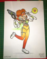 Rule 34 | 1girl, brown hair, cosplay, crossover, earrings, flower earrings, full body, goggles, grin, gun, heart, jewelry, jumpsuit, looking at viewer, mario (series), nintendo, overwatch, overwatch 1, princess daisy, smile, spoken heart, super mario land, thebourgyman, tomboy, tracer (overwatch), tracer (overwatch) (cosplay), v, weapon