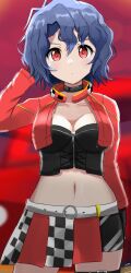 Rule 34 | 1girl, antenna hair, arm behind head, belt, black choker, black gloves, black shirt, blue hair, blurry, blurry background, blush, breasts, car, checkered clothes, checkered skirt, choker, cleavage, closed mouth, collarbone, cropped jacket, cropped shirt, dot mouth, dot nose, gloves, highres, idolmaster, idolmaster million live!, idolmaster million live! theater days, jacket, large breasts, long sleeves, looking at viewer, motor vehicle, multicolored clothes, multicolored skirt, navel, nimura1992, o-ring, o-ring belt, open clothes, open jacket, pleated skirt, race queen, red jacket, shirt, short hair, skirt, solo, thigh strap, toyokawa fuka, white belt, zipper