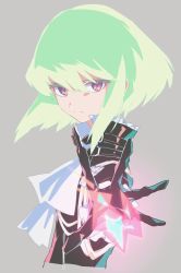 Rule 34 | 1boy, bad id, bad twitter id, black gloves, black jacket, ascot, gloves, green hair, half gloves, jacket, light oooo, lio fotia, looking at viewer, male focus, outstretched hand, promare, purple eyes, solo
