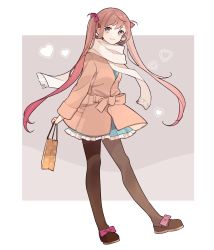 Rule 34 | 1girl, alternate costume, asagumo (kancolle), bad id, bad twitter id, bag, black pantyhose, blue dress, blush, bow, brown hair, coat, dress, female focus, frills, full body, hair ribbon, heart, kantai collection, long hair, long sleeves, pantyhose, ribbon, scarf, shakemi (sake mgmgmg), shopping bag, simple background, smile, solo, standing, twintails, valentine, white scarf