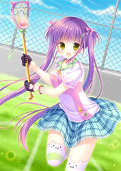 Rule 34 | 1girl, blush, fang, fence, field, gloves, grass, highres, lacrosse, lacrosse stick, long hair, looking at viewer, mizuse ruka, moe2017, open mouth, original, plaid, plaid skirt, purple hair, running, short sleeves, skirt, solo, striped clothes, striped thighhighs, thighhighs, twintails, yellow eyes