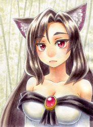 Rule 34 | 1girl, animal ears, bamboo, bare shoulders, blush, breasts, brooch, brown hair, cleavage, day, dress, expressionless, eyebrows, hair over shoulder, imaizumi kagerou, jewelry, kawachi koorogi, lips, long hair, looking at viewer, marker (medium), medium breasts, off-shoulder dress, off shoulder, outdoors, red eyes, slit pupils, solo, touhou, traditional media, upper body, wolf ears