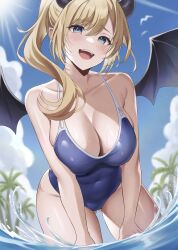 Rule 34 | 1girl, :d, absurdres, bird, blonde hair, blue eyes, blue one-piece swimsuit, blue sky, blush, breasts, cloud, collarbone, covered navel, day, demon girl, demon horns, demon wings, floating hair, gluteal fold, hair over shoulder, highres, hololive, horns, large breasts, leaning forward, nekorone0222, one-piece swimsuit, open mouth, outdoors, palm tree, ponytail, skindentation, sky, smile, swimsuit, tree, virtual youtuber, wading, wet, wings, yuzuki choco