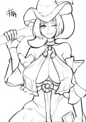 Rule 34 | 1girl, bare shoulders, breasts, cleavage, fingerless gloves, gloves, greyscale, guilty gear, guitar, hat, i-no, instrument, large breasts, monochrome, one eye closed, short hair, solo, witch hat