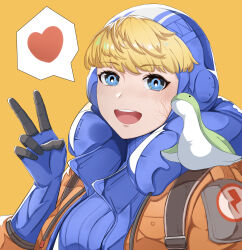 Rule 34 | 1girl, absurdres, animification, apex legends, blonde hair, blue bodysuit, blue eyes, blue gloves, bodysuit, breasts, commentary, english commentary, gloves, heart, highres, hood, hood down, hood up, hooded bodysuit, hooded jacket, jacket, lightning bolt symbol, looking at viewer, medium breasts, nessie (respawn), ophelia z, orange background, orange jacket, portrait, ribbed bodysuit, solo, speech bubble, spoken heart, stuffed toy, v, wattson (apex legends)