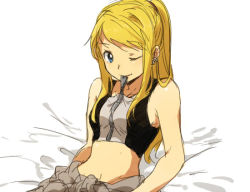 Rule 34 | 1girl, ;), bare arms, bare shoulders, bed, bed sheet, blonde hair, blue eyes, earrings, fullmetal alchemist, jewelry, long hair, looking at viewer, lying, one eye closed, ponytail, riru, simple background, smile, solo, solo focus, tank top, white background, winry rockbell, zipper