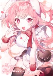 Rule 34 | 1girl, \n/, absurdres, animal ears, blush, breasts, cleavage, eyebrows hidden by hair, highres, looking at viewer, medium breasts, open mouth, original, panprika, pink eyes, pink hair, pink theme, rabbit ears, single thighhigh, solo, star (symbol), star in eye, symbol in eye, thighhighs, two side up