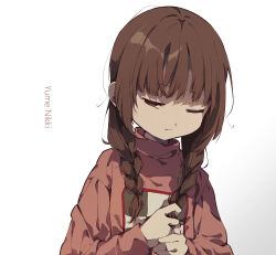 Rule 34 | 1girl, ;), braid, brown eyes, brown hair, closed mouth, copyright name, half-closed eye, highres, holding, holding hair, long hair, long sleeves, looking to the side, madotsuki, one eye closed, pink sweater, simple background, smile, solo, sui hope, sweater, twin braids, white background, yume nikki