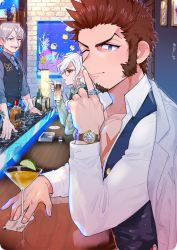 Rule 34 | bad id, bad twitter id, beard, blue eyes, cup, drinking glass, edmond dantes (fate), facial hair, fate/grand order, fate (series), finger to mouth, formal, glasses, grey hair, james moriarty (archer) (fate), james moriarty (gray collar) (fate), jewelry, large pectorals, long hair, long sideburns, long sleeves, looking at another, male focus, multiple boys, muscular, mustache, napoleon bonaparte (fate), open mouth, pectorals, ring, scar, shitappa, shushing, sideburns, sitting, smile, watch, white day