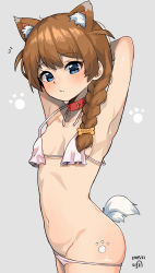 Rule 34 | 1girl, absurdres, animal ear fluff, animal ears, armpits, arms behind head, arms up, baba konomi, bikini, bikini pull, blue eyes, blush, bodypaint, bone hair ornament, braid, breasts, brown hair, closed mouth, clothes pull, collar, collarbone, commentary, cowboy shot, dated, dog ears, dog girl, dog tail, english commentary, frilled bikini, frills, from side, grey background, groin, hair ornament, halterneck, highres, idolmaster, idolmaster million live!, long hair, looking at viewer, looking to the side, micro bikini, myeolchi, paw print, paw print background, pink bikini, pout, red collar, shiny skin, side braid, sideboob, signature, simple background, small breasts, solo, string bikini, swimsuit, tail, underboob